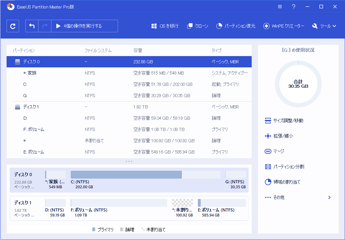 EaseUS Partition Masterのメイン画面