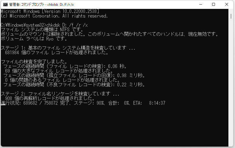 chkdsk E: /f /r /x