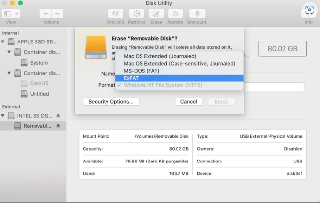 名前とフォーマットを入力し、「消去」を選択