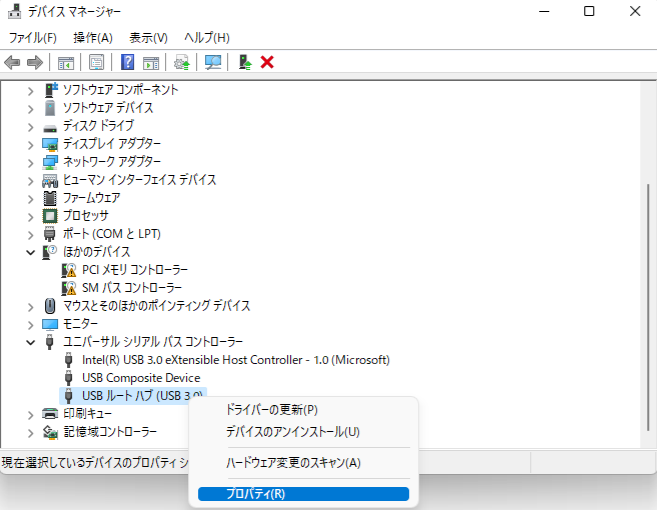USBルートハブのプロパティ