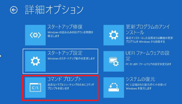 Advanced Recoveryでコマンドプロンプトを開く