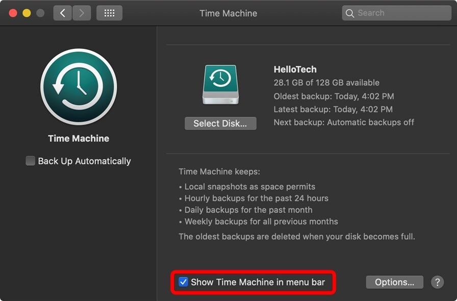 メニューバーにTime Machineを表示