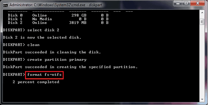 「format fs=ntfs」と入力する