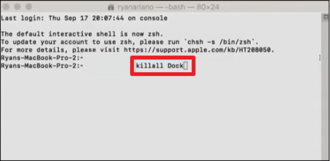 killall Dockと入力する
