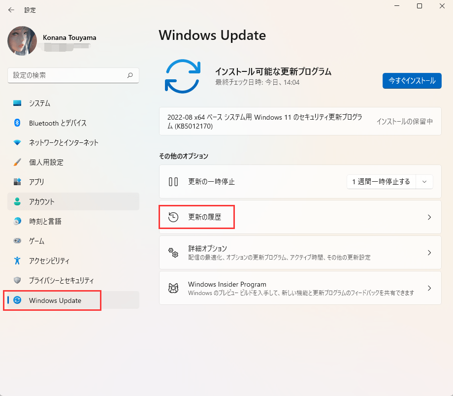アップデートとセキュリティウィンドウ