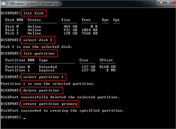 cmdでプライマリパーティションと論理パーティションを削除するためにコマンドを書き込み、Enterキーを押す