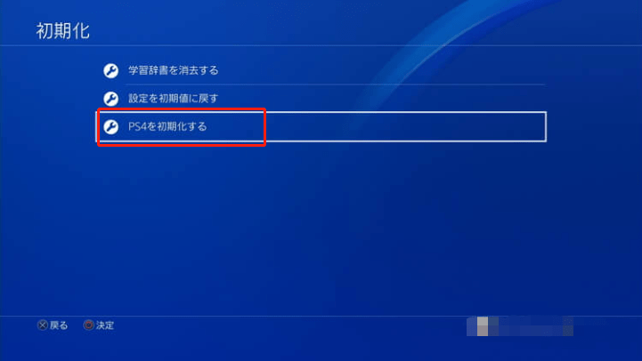 下部の「PS4を初期化する」を押す