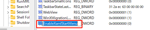 新しいDWORDの名前としてEnableXamlStartMenuと入力する
