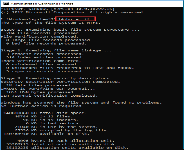 CMDで、 chkdsk *:/fコマンドを入力し、Enterキーを押す