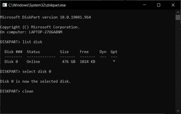 Diskpartでディスクをクリーニングする