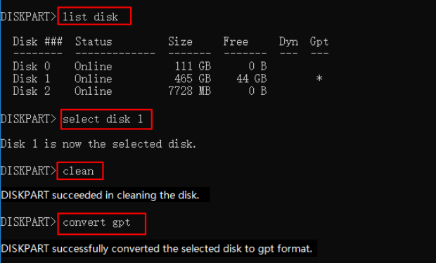 CMDを使用してMBRをGPTに変換する