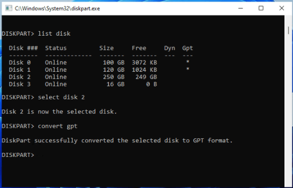 DISKPARTコマンドでSSDをGPTに変換