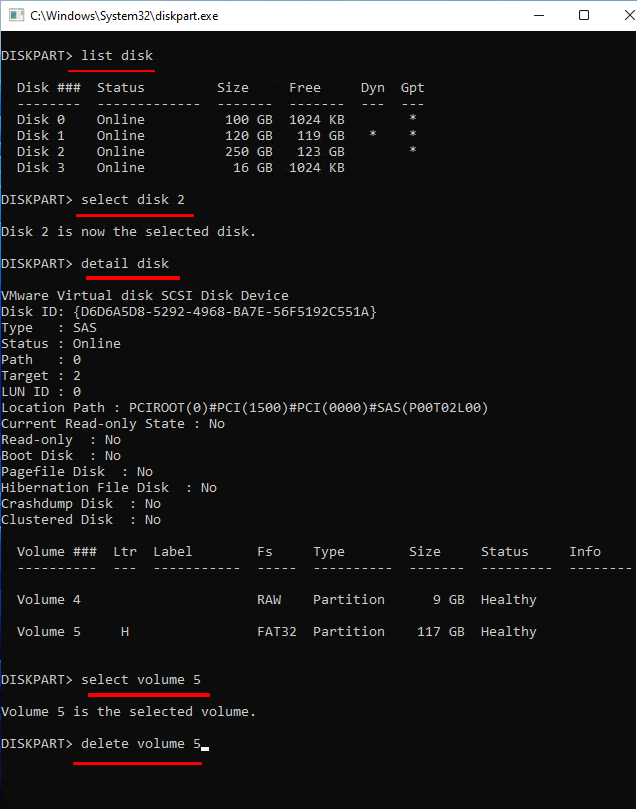 次の行で「delete volume」と入力すれば、フォーマットしたいボリュームをフォーマットできる
