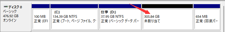 削除したボリュームが未割当領域になった