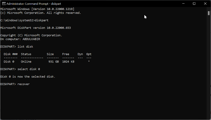 recover」と入力して「Enter」キーを押します