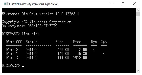 list diskを入力します。
