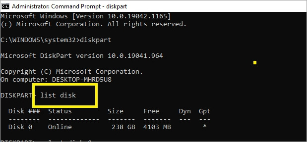 「list disk」と入力し、「Enter」キーを押します。