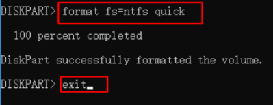「format fs=ntfs quick」と入力し、Enterキーを押す