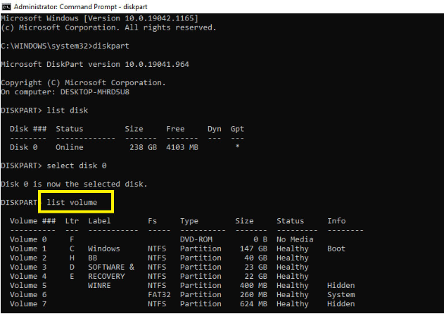 「list volume」と入力すると、コンピュータに存在するすべてのボリュームが表示される