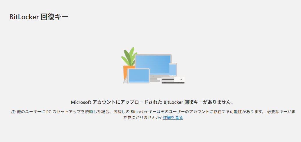 Microsoft アカウントにアップロードされた BitLocker 回復キーがありません