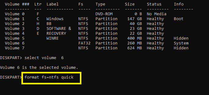 format fs=ntfs quick