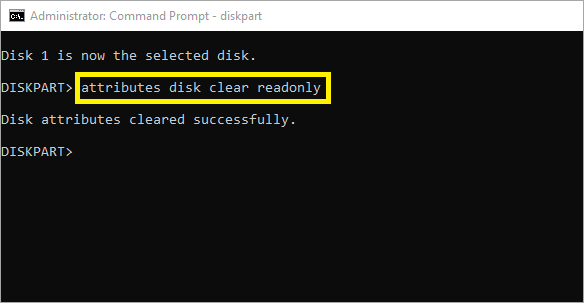 「attributes disk clear readonly」と入力し、「Enter」キーを押します