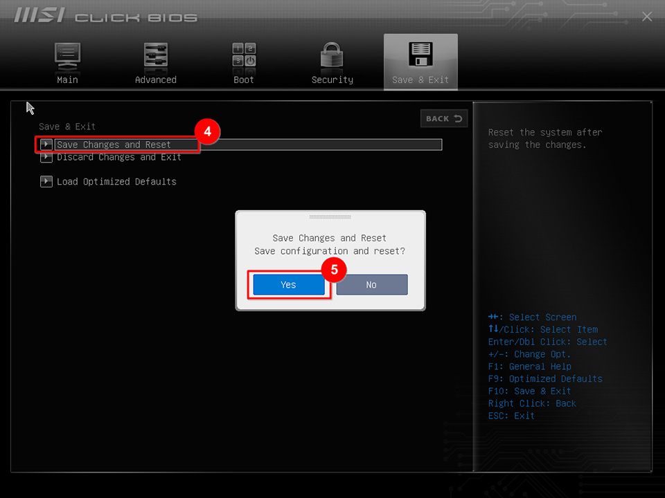 BIOS　変更を保存してリセット