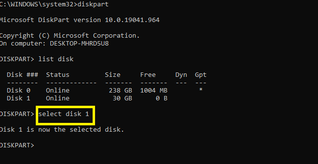 「select disk 1」と入力し、「Enter」キーを押します