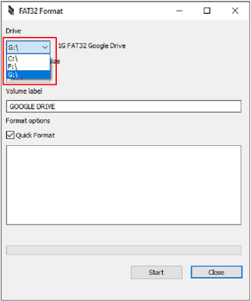 アプリケーションを開き、C、Fなどのドロップダウンメニューから文字を選択することによって、適切なパーティションを選択する