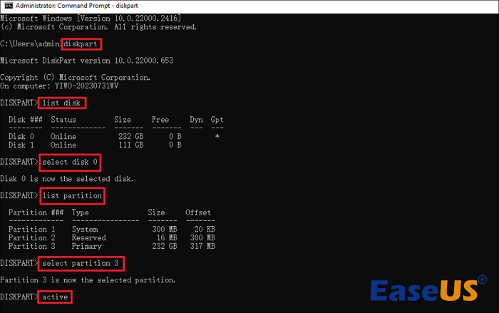 パーティションをアクティブにする