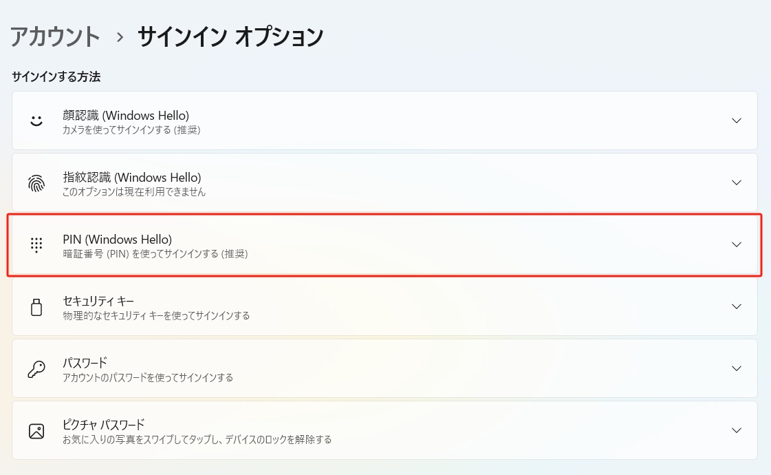 サインインオプションPIN