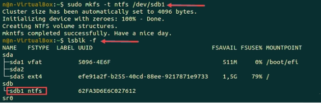 sudo mkfs -t ntfs /dev/sdb1と入力する
