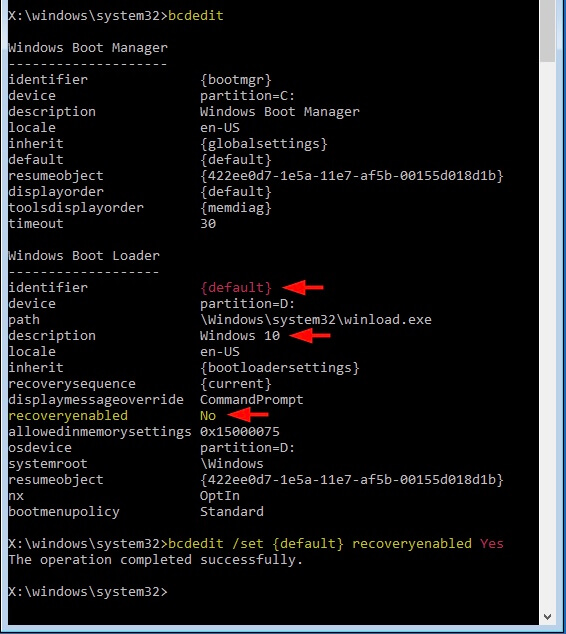 コマンド ラインを入力して、Windows自動修復を有効にします。