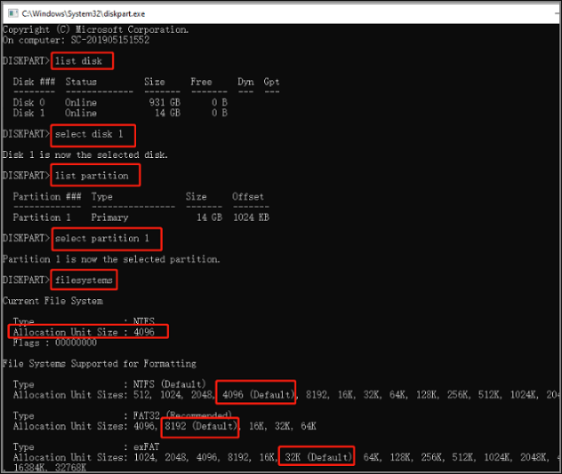 コマンドプロンプトでSDカードのアロケーションユニットサイズをチェックする