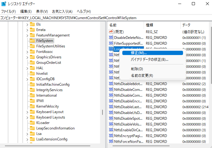 LongPathsEnabled DWORDを修正