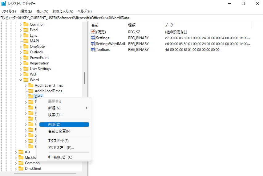 Wordのレジストリキーを削除する