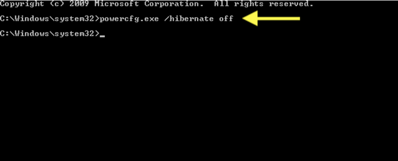「powercfg.exe /hibernate off」コマンドを入力します。