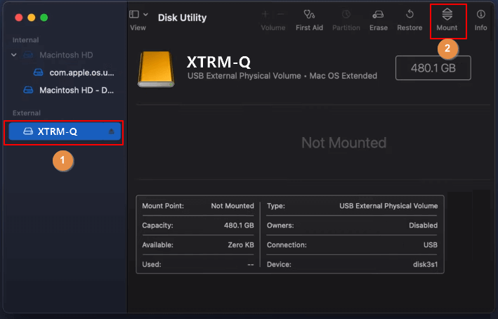 ディスクユーティリティで外部ディスクを再マウントする手順3
