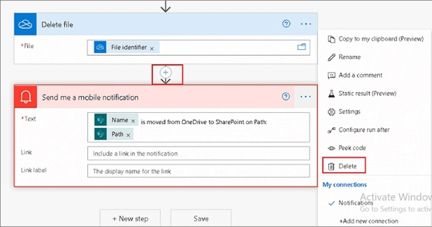 「モバイル通知を受け取る]トリガーを削除