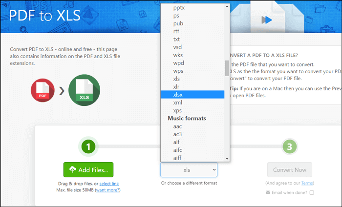 zamzarでPDFをエクセルに変換