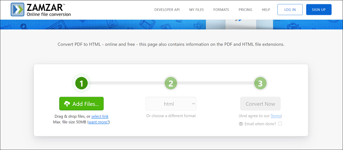 zamzarでPDFをhtmlに変換する