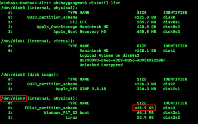 SDカードのデバイス名が表示されていることを確認します。