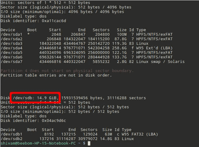 SDカードに割り当てられているデバイス名を見つけ、それをメモしておきます。