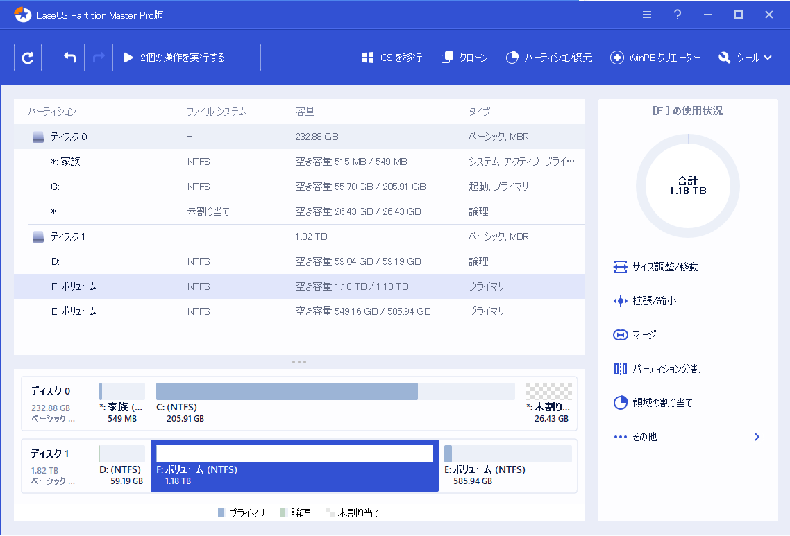 EaseUS Partition Masterのメイン画面