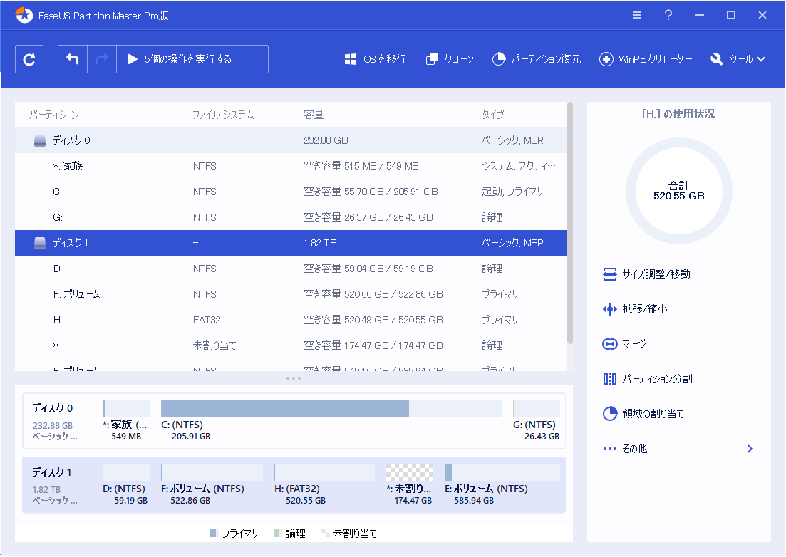EaseUS Partition Masterのメイン画面