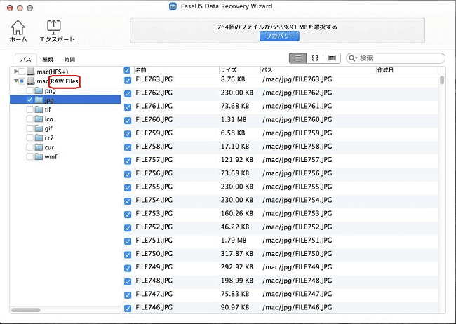 Mac版で「そのほかの紛失ファイル」(RAW)で表示されたスキャン結果