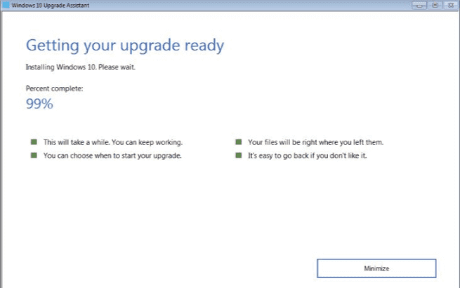 Windows 10アップグレードアシスタントが99%から進まない